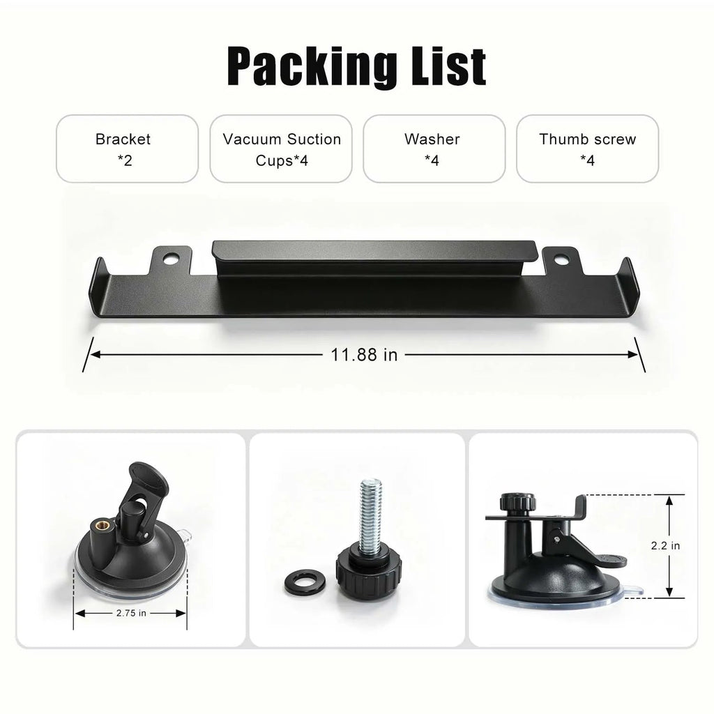 Packing list for the LiFirst Starlink Mini suction mount bracket, showing two brackets, four vacuum suction cups, four washers, four thumb screws, and key dimensions.