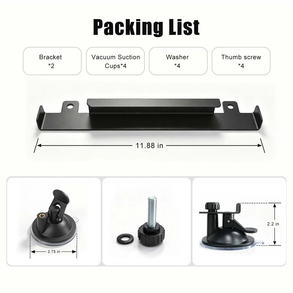 Packing list for the LiFirst Starlink Mini suction mount bracket, showing two brackets, four vacuum suction cups, four washers, four thumb screws, and key dimensions.