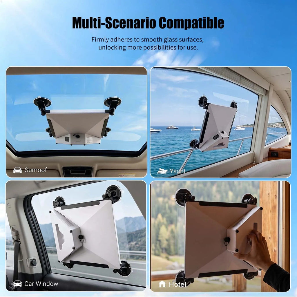 LiFirst Starlink Mini suction mount bracket shown on smooth glass surfaces including a vehicle sunroof, yacht window, car window, and hotel window.