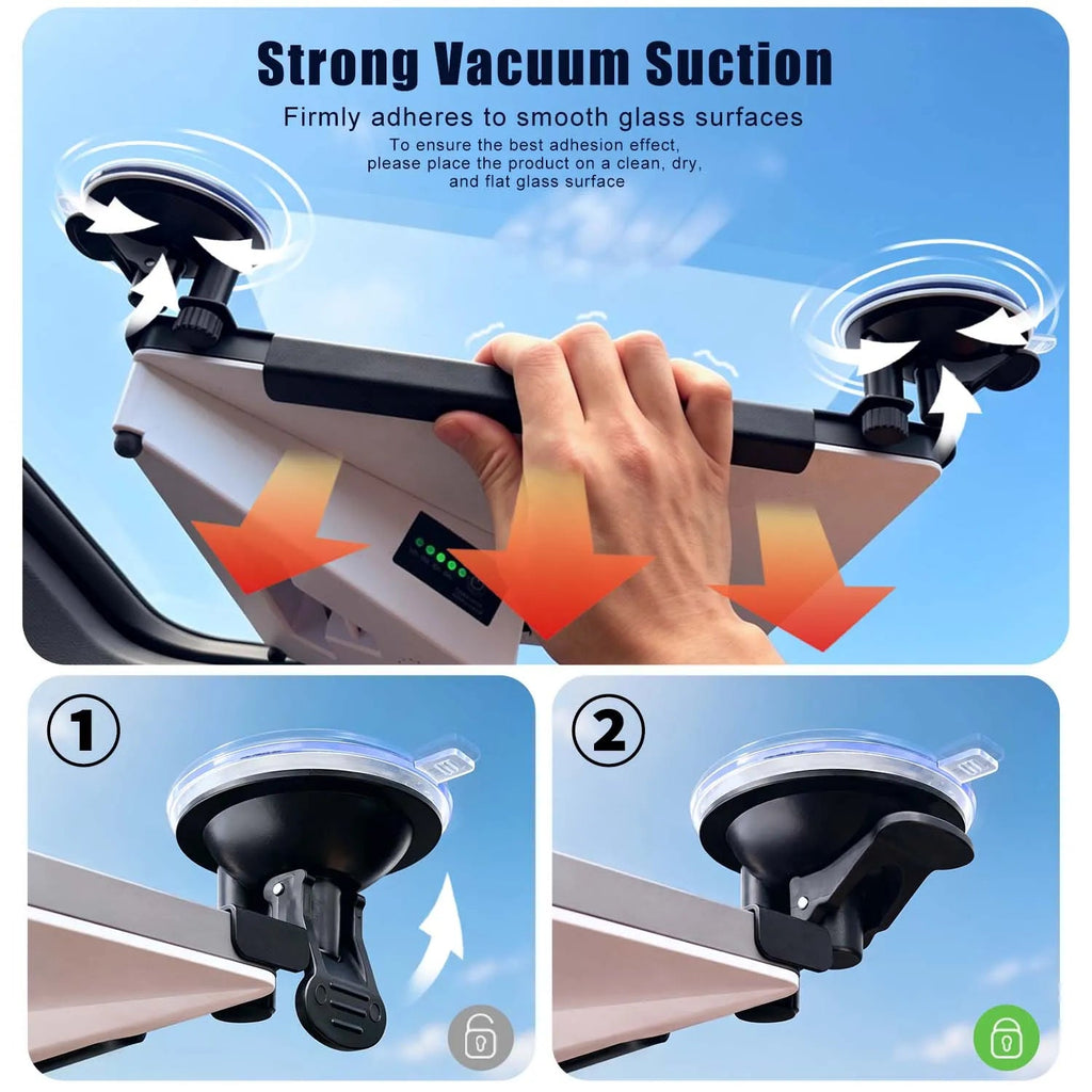 Close-up instruction graphic of the LiFirst Starlink Mini suction mount showing vacuum suction cups, locking latches, and secure attachment to smooth glass.