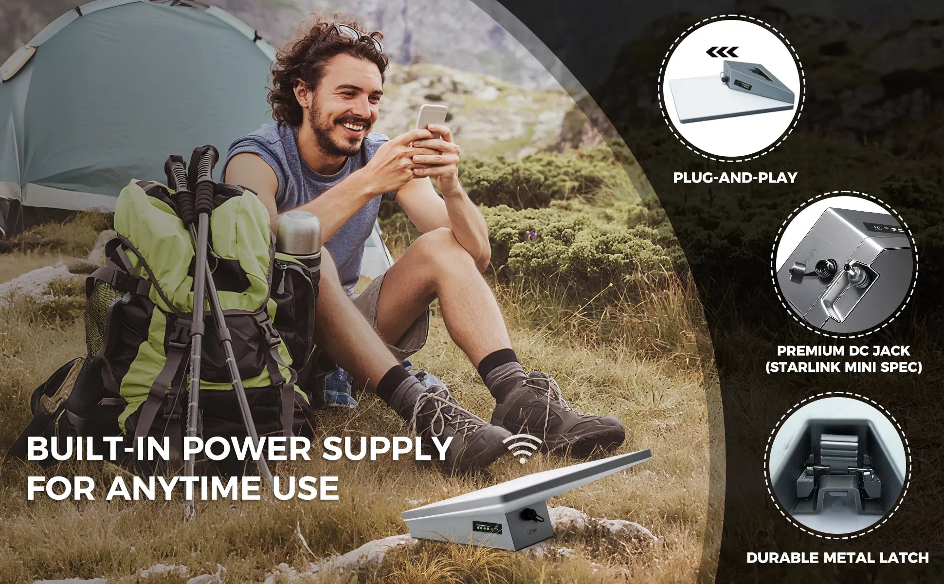 Outdoor scene demonstrating the starlink mini battery: a plug-and-play power source with a premium Starlink Mini-compatible DC jack and secure metal latch for easy, reliable power anywhere.